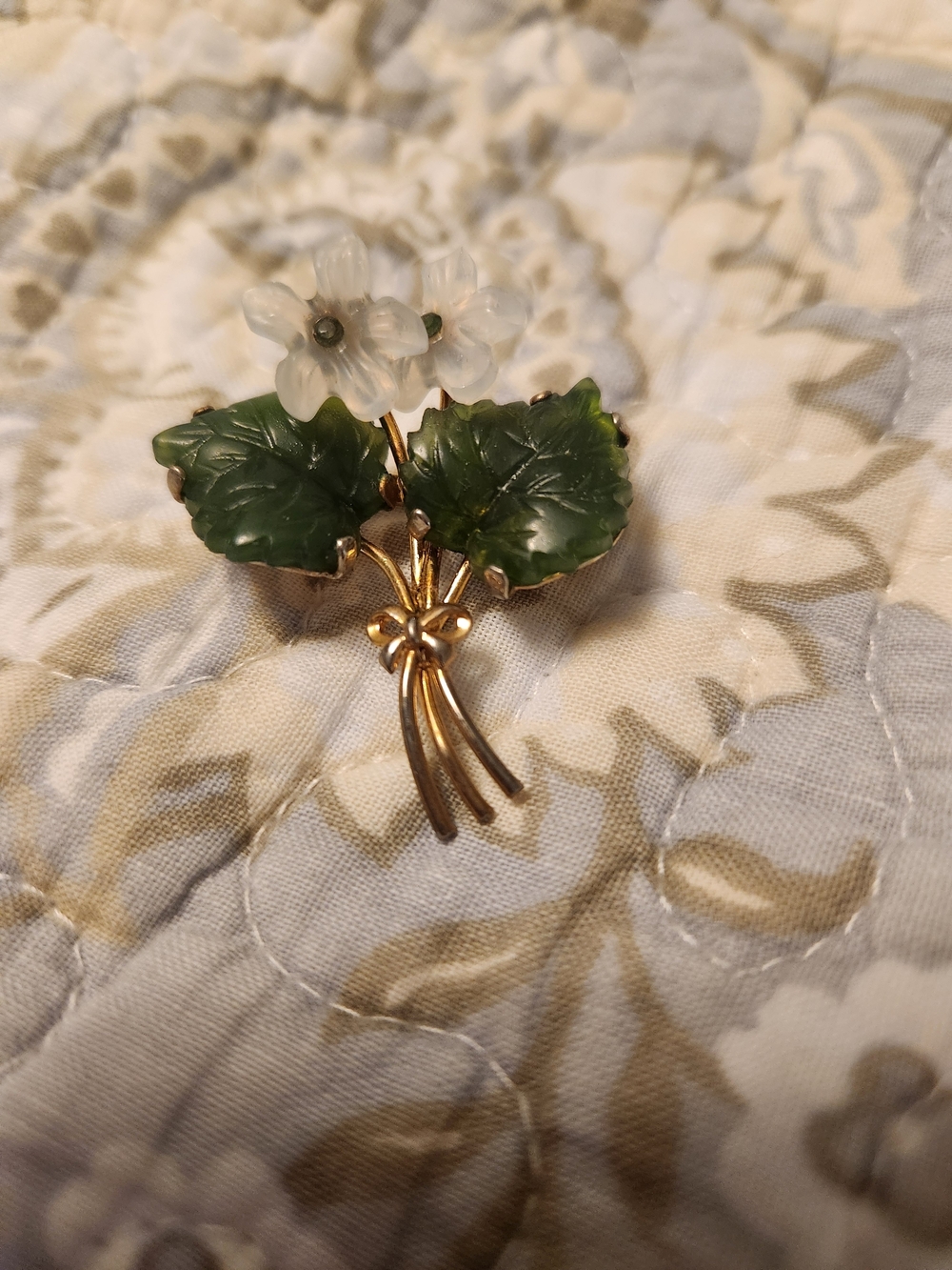 Gold-Tone Floral Leaf Brooch with Green Leaves and Frosted White Flowers
